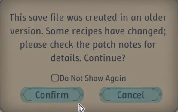 Alchemy Factory warning that an older save uses recipes from a previous version