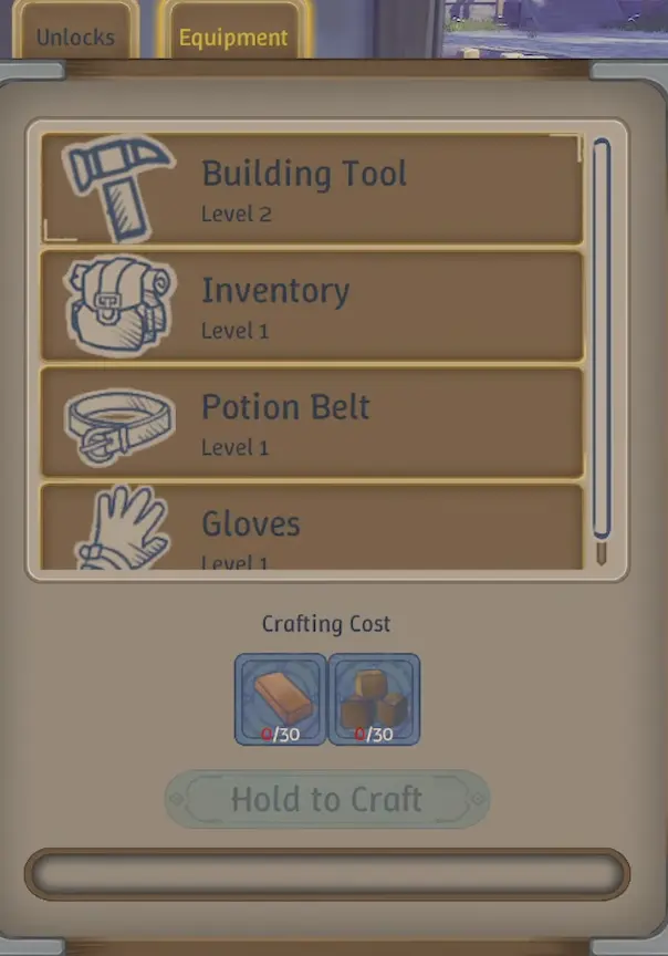 Building Tool Level 2 upgrade at the Workbench in Alchemy Factory