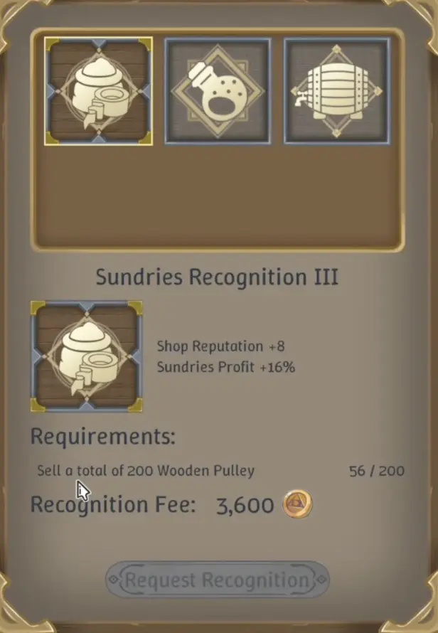 Sundries III requiring 200 Wooden Pulleys sold to customers in Alchemy Factory