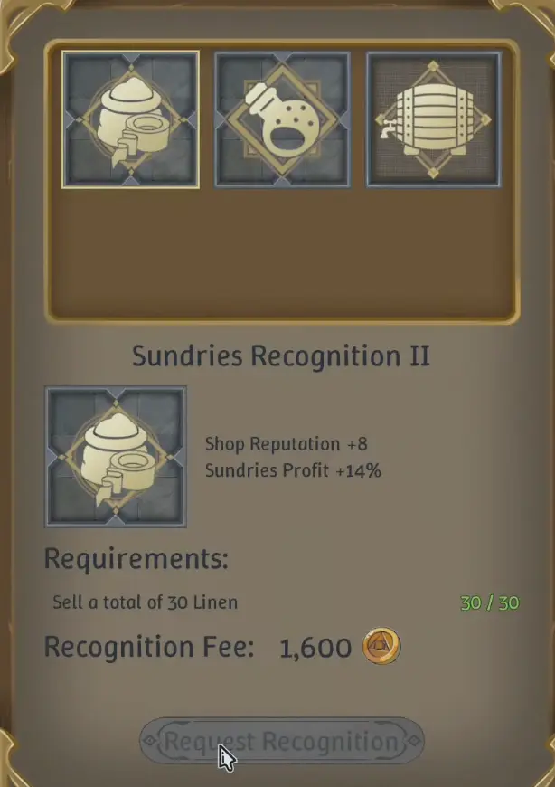 Sundries II Recognition requiring 30 Linen sales in Alchemy Factory