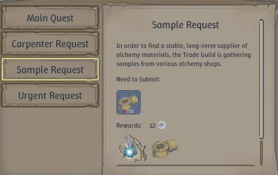 Sample Request asking for 50 Bandages in Alchemy Factory