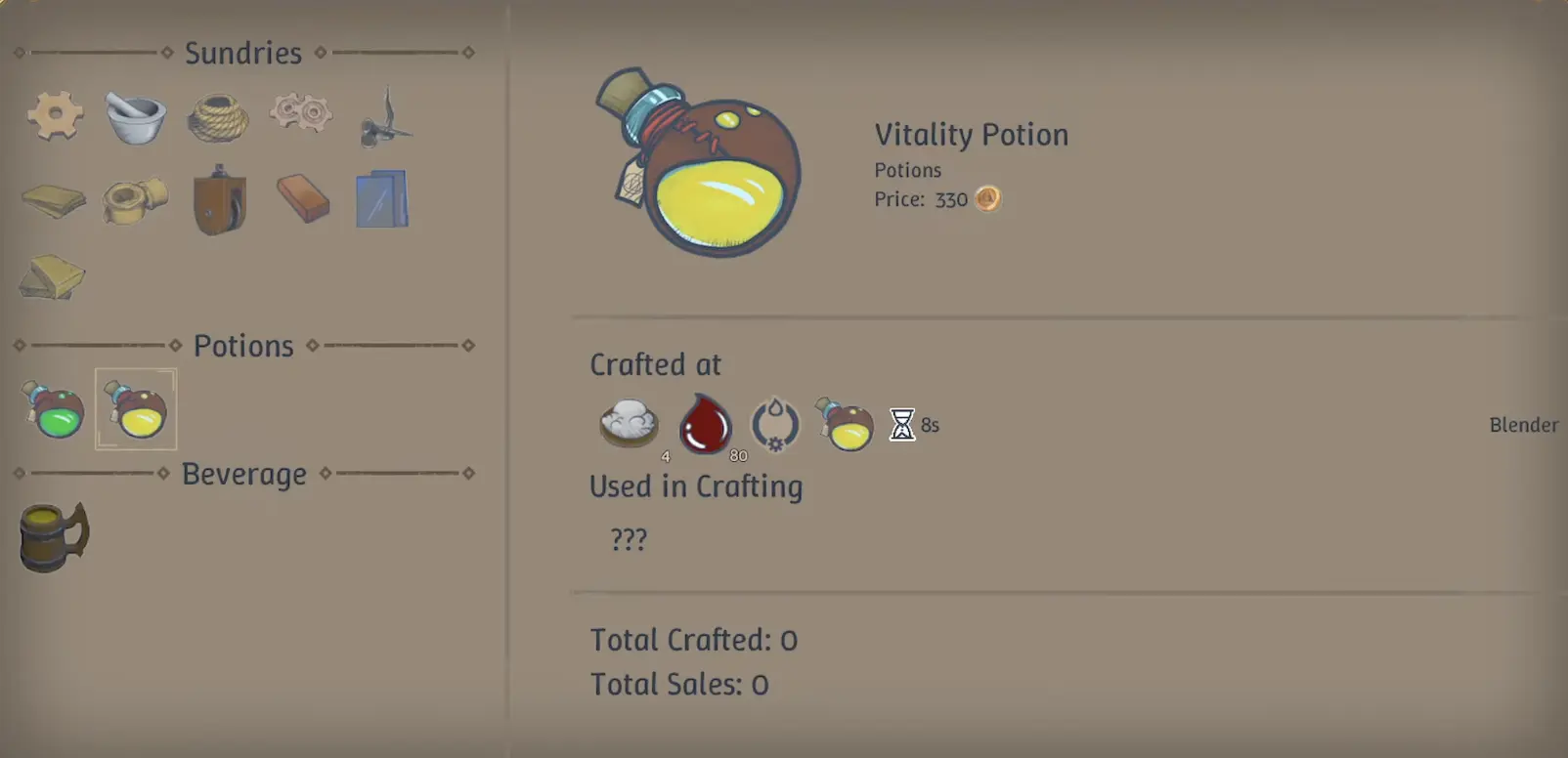 Vitality Potion production using Fruit Wine and Quicklime Powder in Alchemy Factory