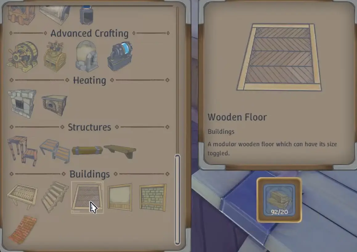 Wooden floor and wall pieces in the Alchemy Factory build menu