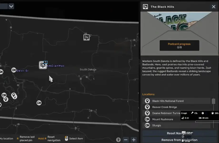 Tourist Board locations added to an Atlas route in American Truck Simulator Road Trip