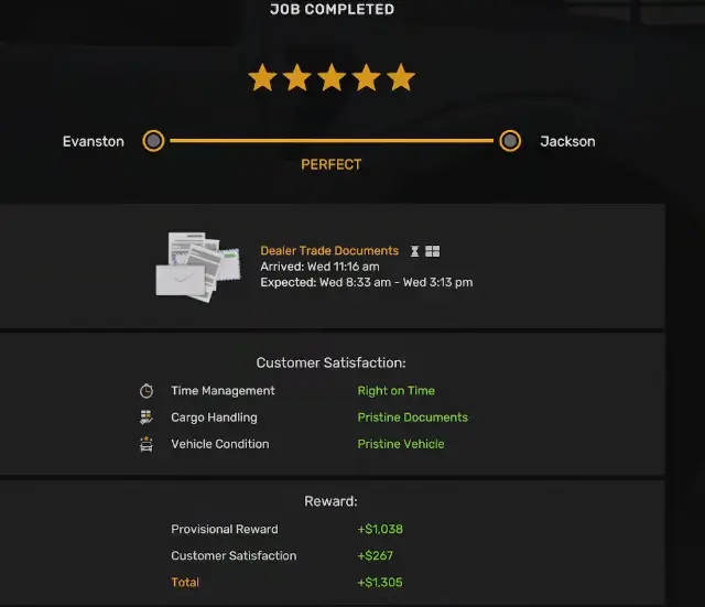 Courier delivery result showing Time Management Cargo Handling and Vehicle Condition in ATS Road Trip