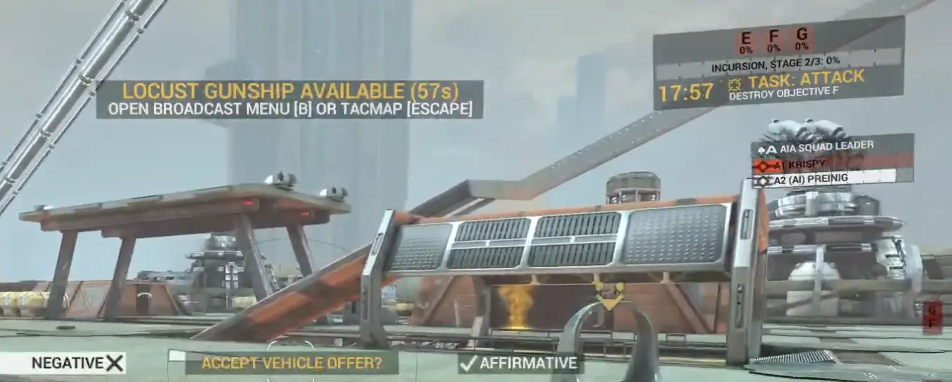 Angels Fall First HUD showing a Locust Gunship vehicle offer with 67 seconds remaining