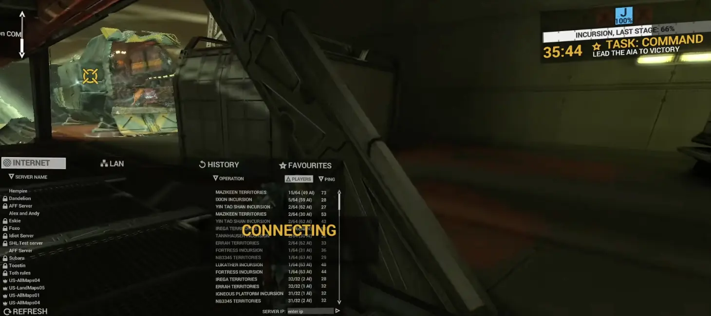 Angels Fall First server browser showing human and AI player counts