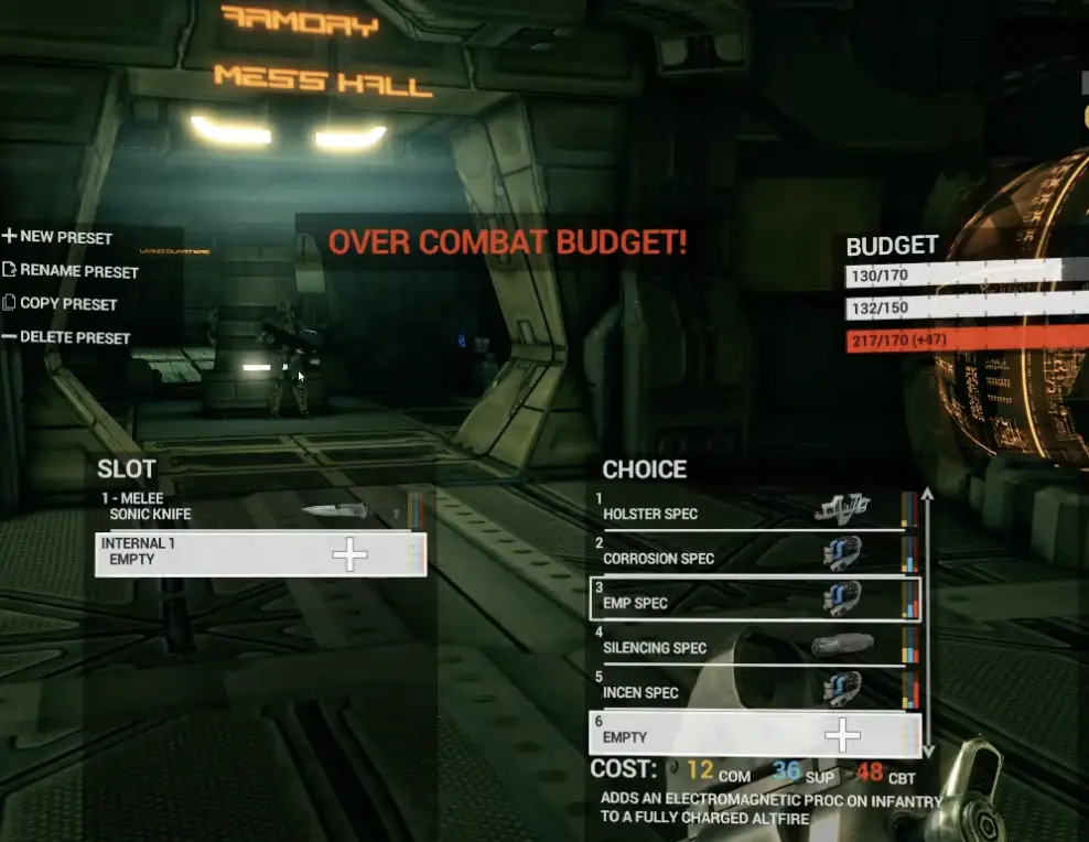Angels Fall First infantry loadout showing an over-budget warning