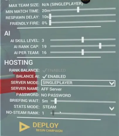 Angels Fall First Single Player settings showing a 20-minute minimum match time, AI Skill 3, Rank Cap 19, and 16 AI per team