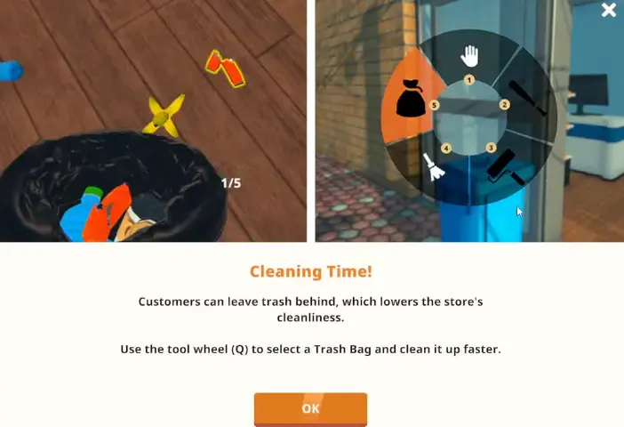 Cleaning trash from the floor in Anime Shop Simulator