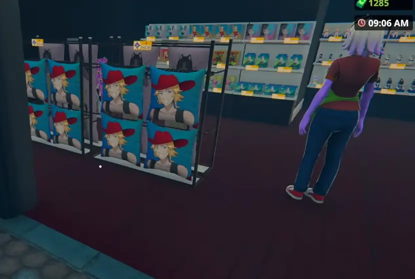 Busy Anime Shop Simulator store with customers moving through stocked shelves