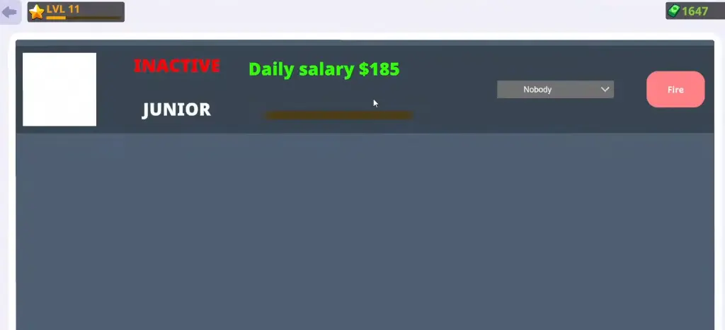 Junior employee showing a 185 dollar daily salary in Anime Shop Simulator
