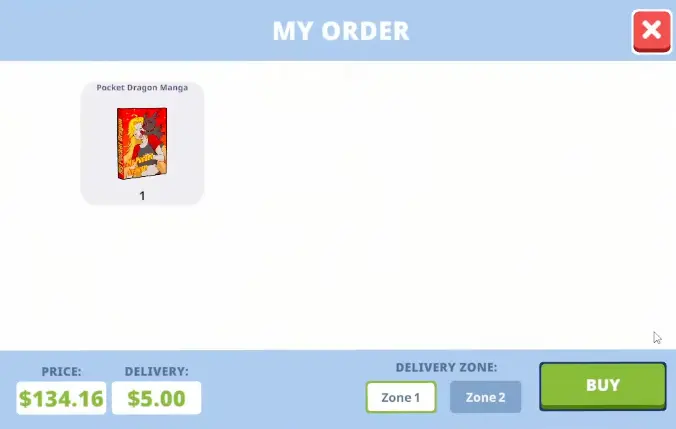 Anime Shop Simulator product order showing a five dollar delivery fee