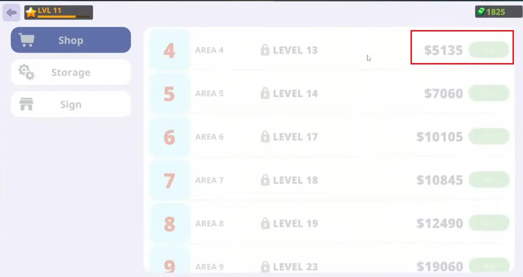 Shop Area 4 requiring Level 13 and 5135 dollars in Anime Shop Simulator