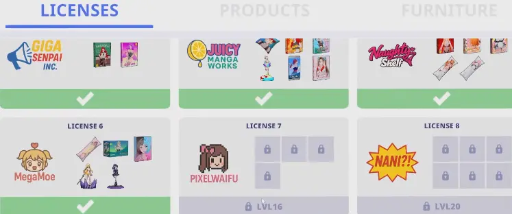 PixelWaifu license unlocking at Shop Level 16 in Anime Shop Simulator