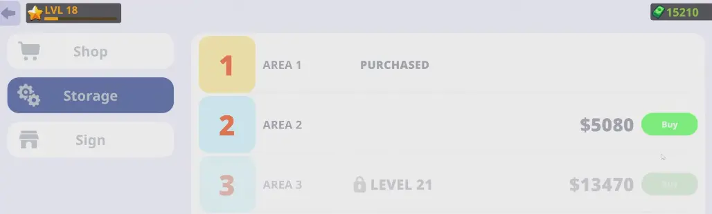Storage Area 2 costing 5080 dollars at Shop Level 18 in Anime Shop Simulator