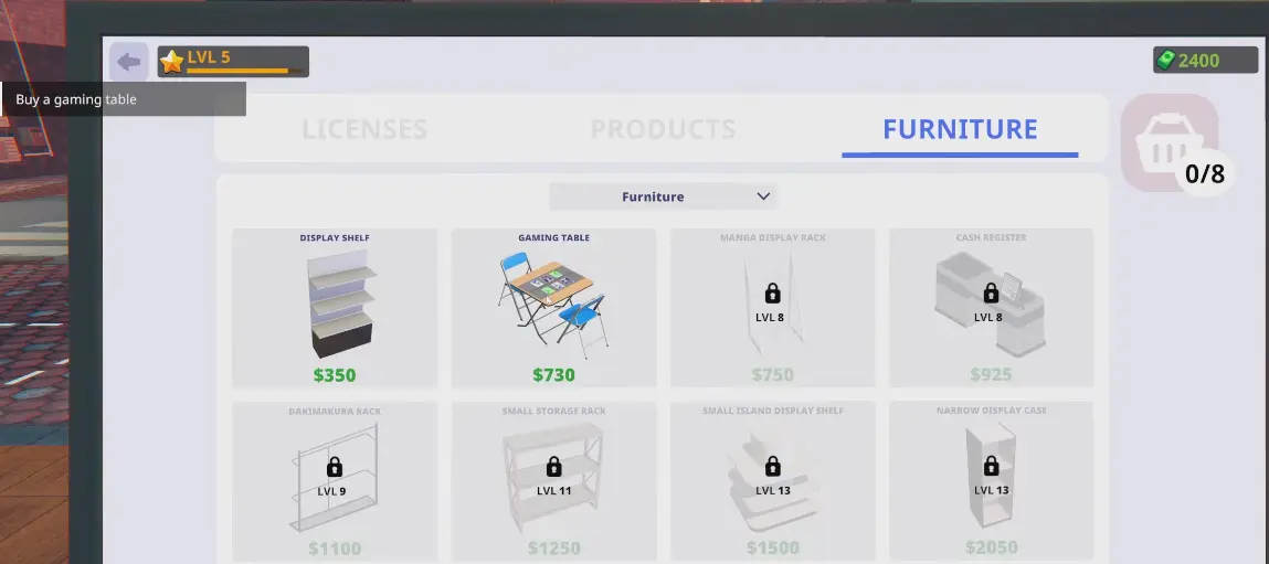 Gaming Table costing 730 dollars at Shop Level 5 in Anime Shop Simulator