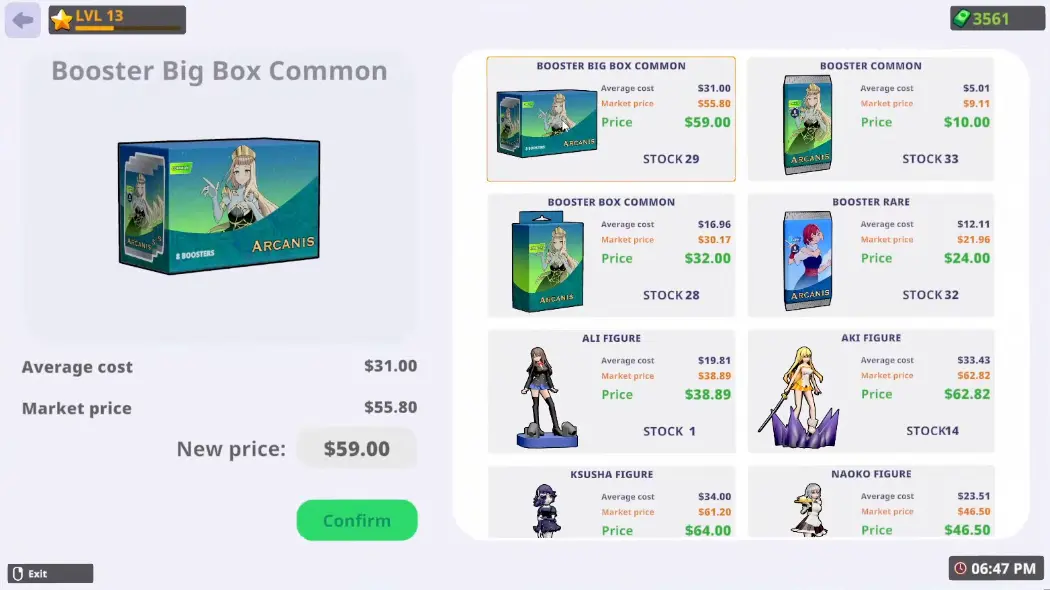 Anime Shop Simulator Stock menu showing average cost, Market Price and current selling price