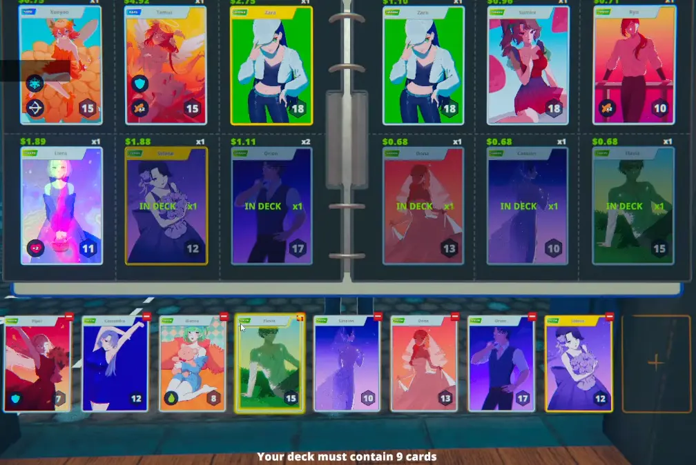 Anime Shop Simulator deck builder requiring exactly nine cards