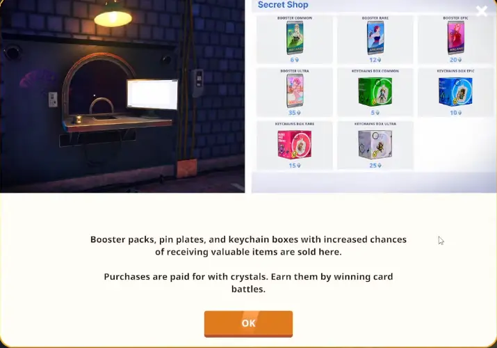Anime Shop Simulator Secret Shop selling collectible items for Crystals