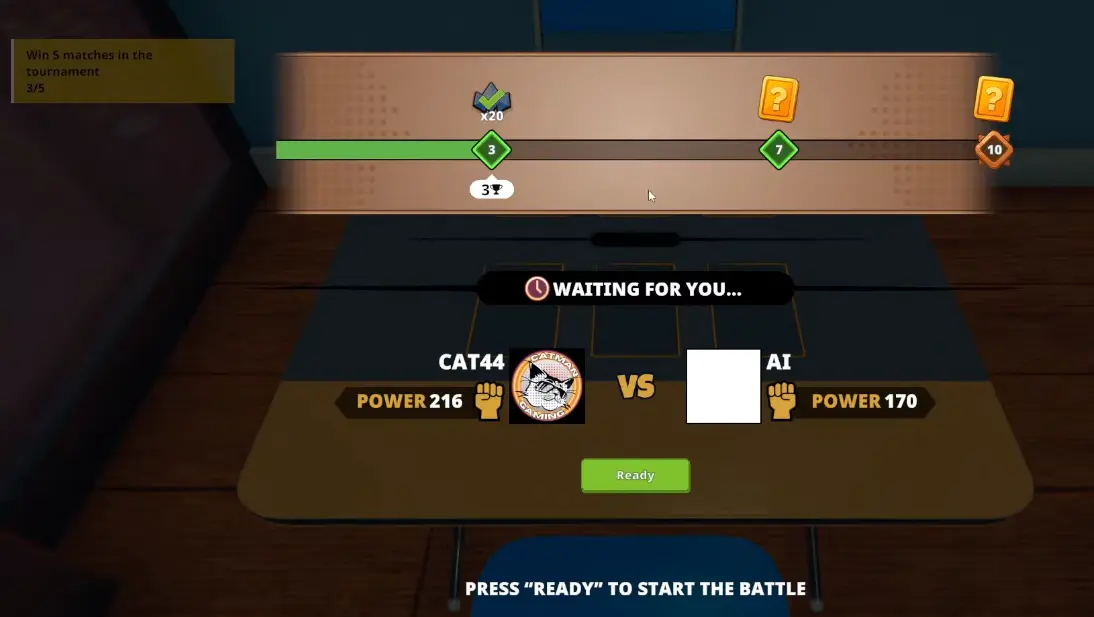 Anime Shop Simulator objective showing progress toward five tournament match wins