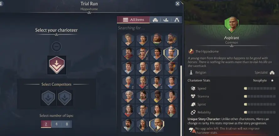 Unique Aspirant story charioteer in the Anno 117 Hippodrome