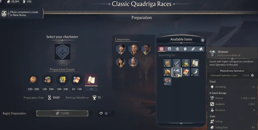 Classic Quadriga preparation screen with 30 minute timer 75 Patrician workforce and 75000 Denarii cost