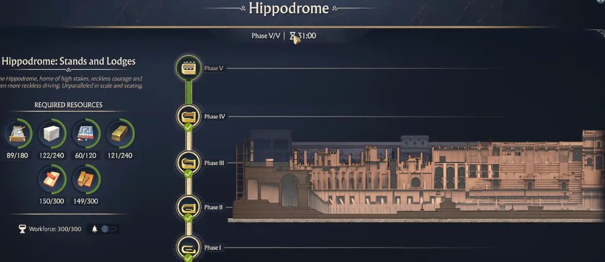 Final Hippodrome construction phase showing Bronze Cushions and Ornate Wood