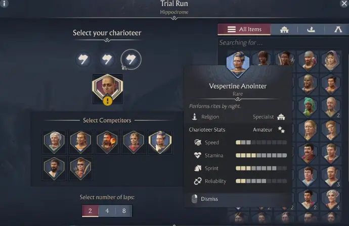 Anno 117 Hippodrome Trial Run screen with two four and eight lap options