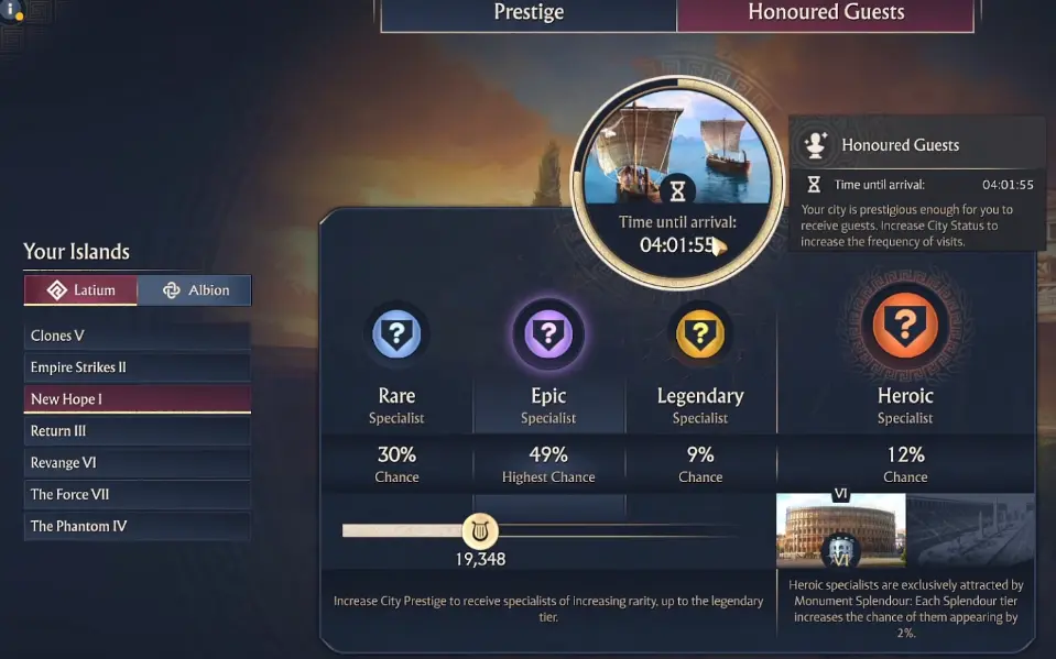 Honoured Guests screen showing local Prestige rarity chances Heroic chance and arrival timer