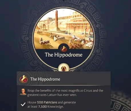 Hippodrome Plans showing the requirement for 500 Patricians and 7500 Knowledge