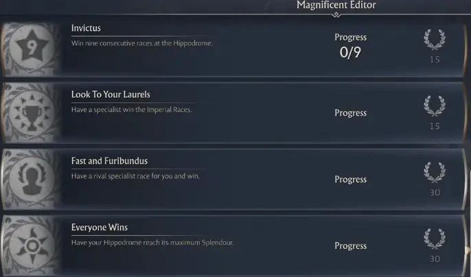 Hippodrome progression objectives including Rival Challenges Imperial races and maximum Splendour