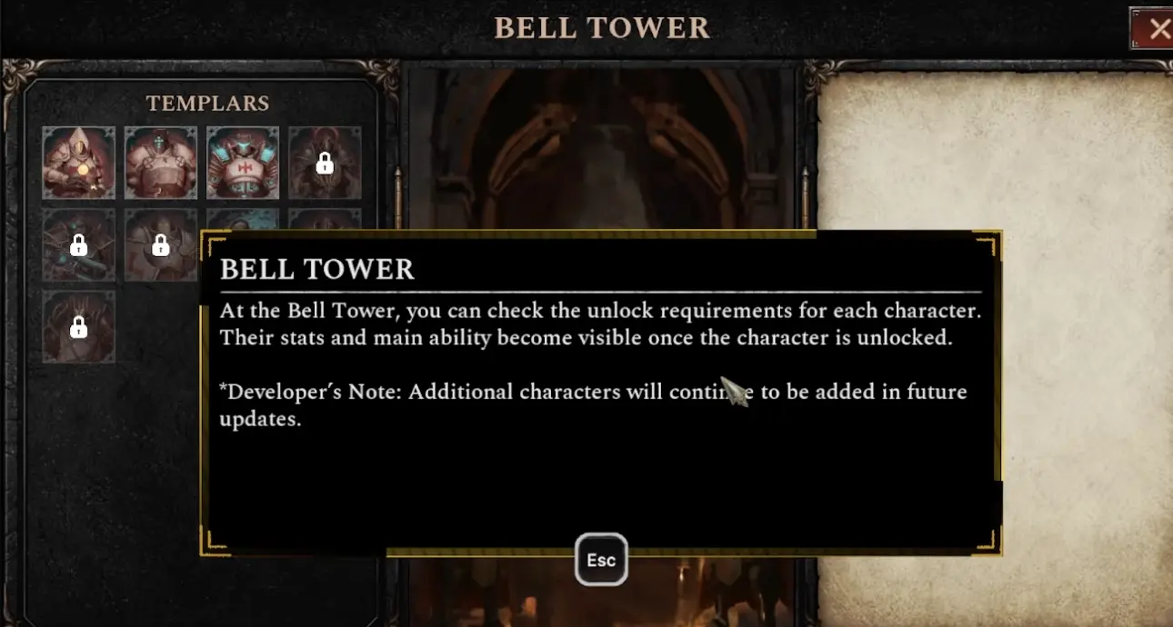 Bell Tower character unlocks in Arms of God