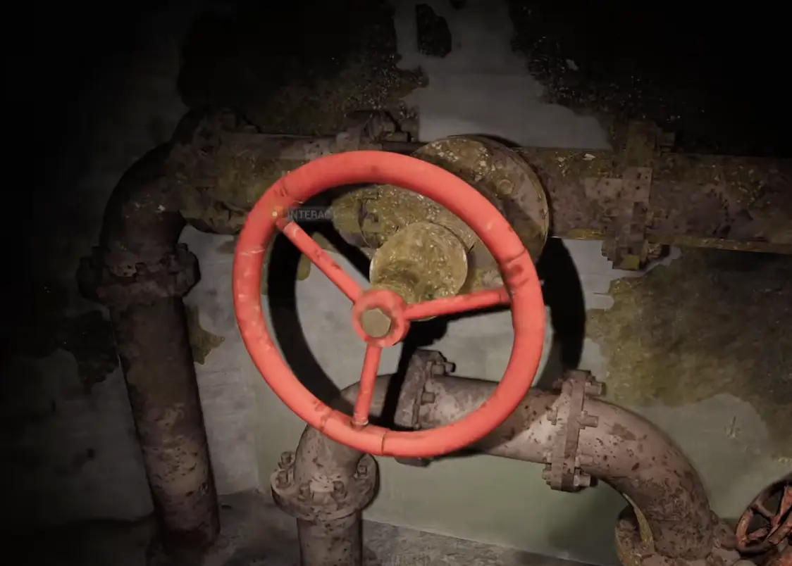 Backrooms Lost Runners red pressure valve on rusty pipes