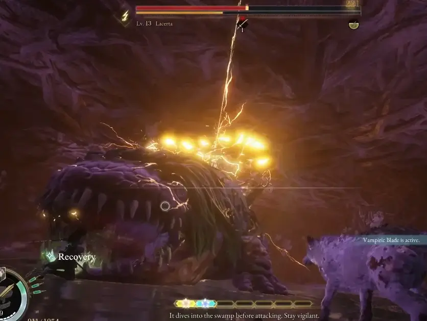 Level 13 Lacerta diving into the swamp during the Reservoir encounter