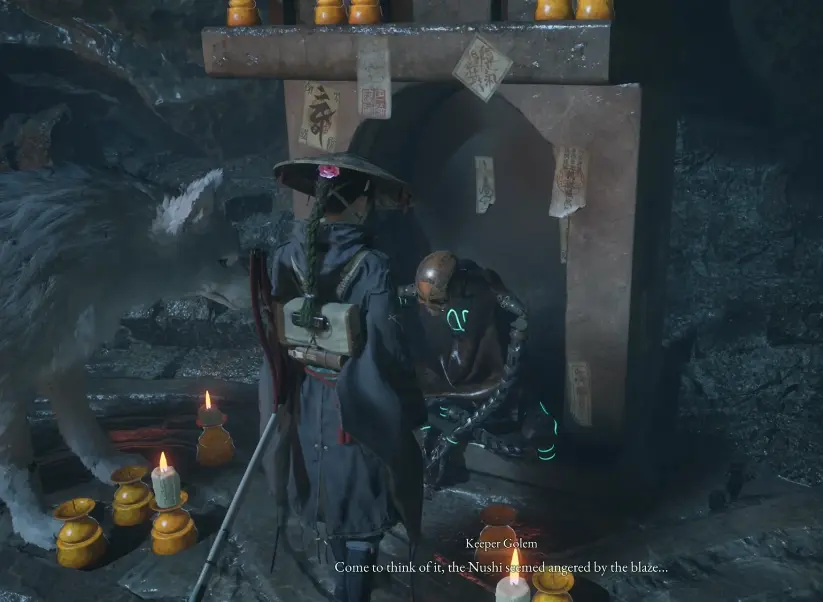 Keeper Golem explaining that Rangifer may have an aversion to flame