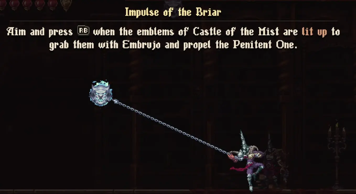 Embrujo blue mirror ring and lit emblem movement in Castle of the Mist in Blasphemous 2 The Third Sin