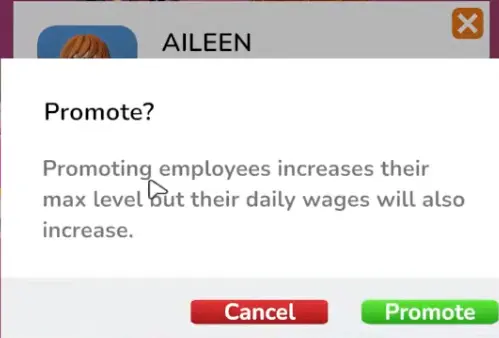 Employee promotion screen in Bookshop Simulator