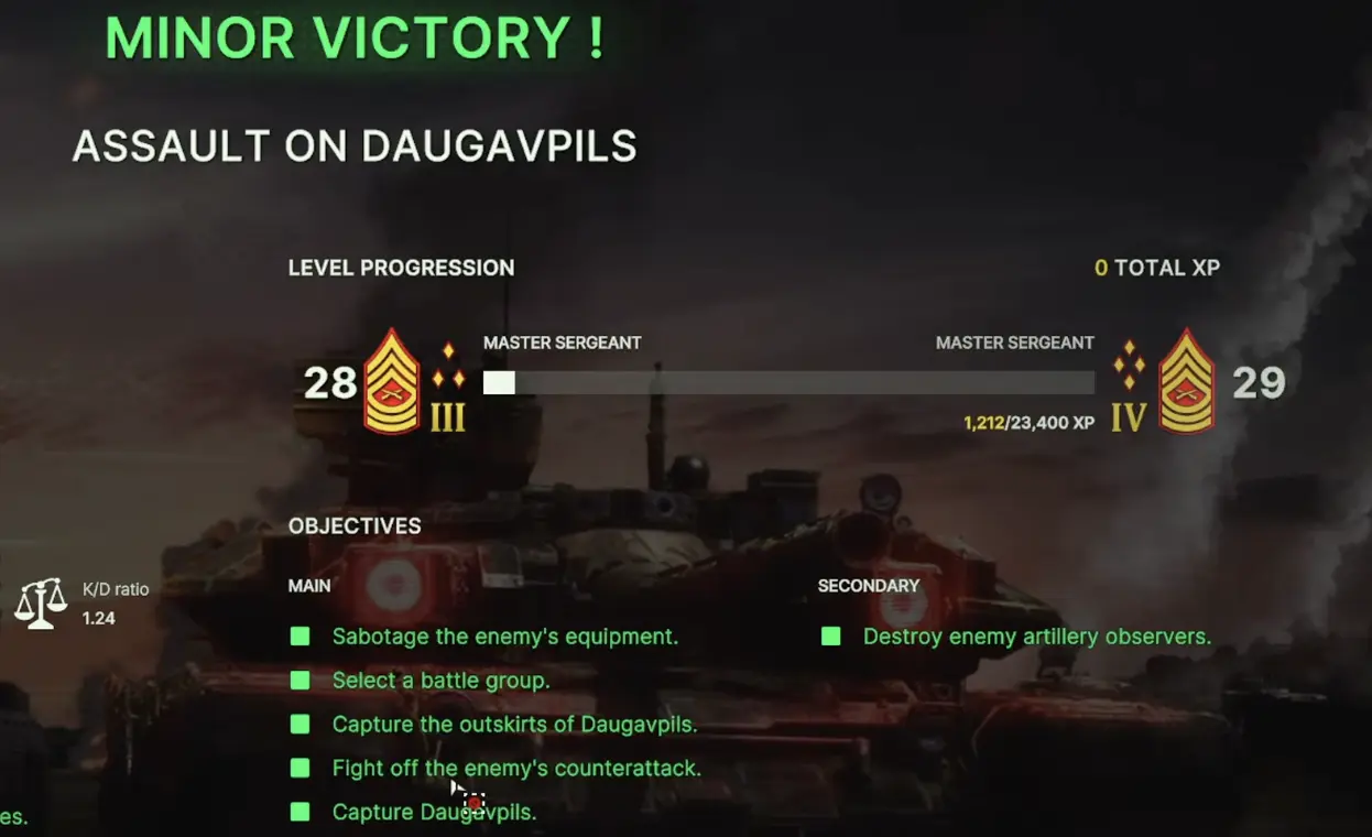 Victory screen after completing Assault on Daugavpils in Broken Arrow