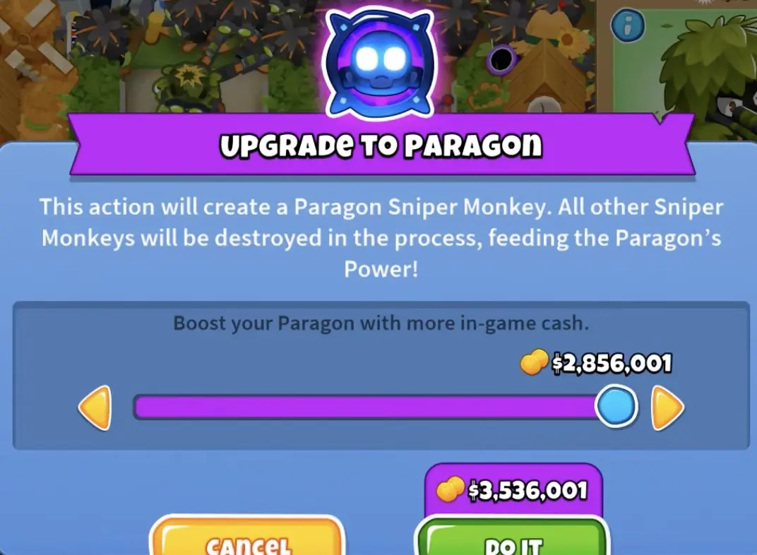 BTD6 Sniper Paragon cash slider on Easy showing $2856001 in additional cash and $3536001 as the combined purchase cost