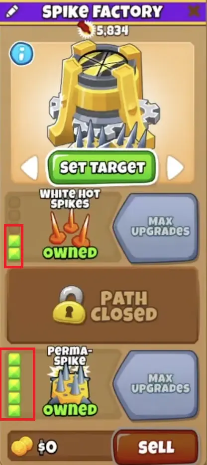 Ship Capture CHIMPS Spike Factory upgrade panel confirming White Hot Spikes and Perma-Spike are both purchased for a 2-0-5 build