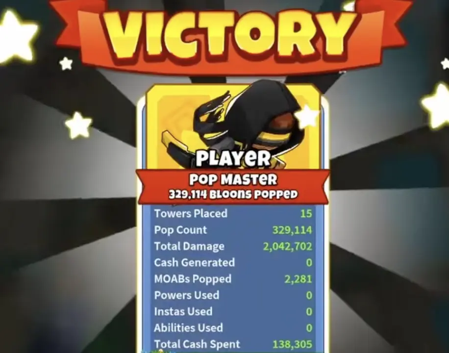 Ship Capture CHIMPS Round 100 victory showing 15 towers placed, zero abilities, zero Powers, and $138305 spent