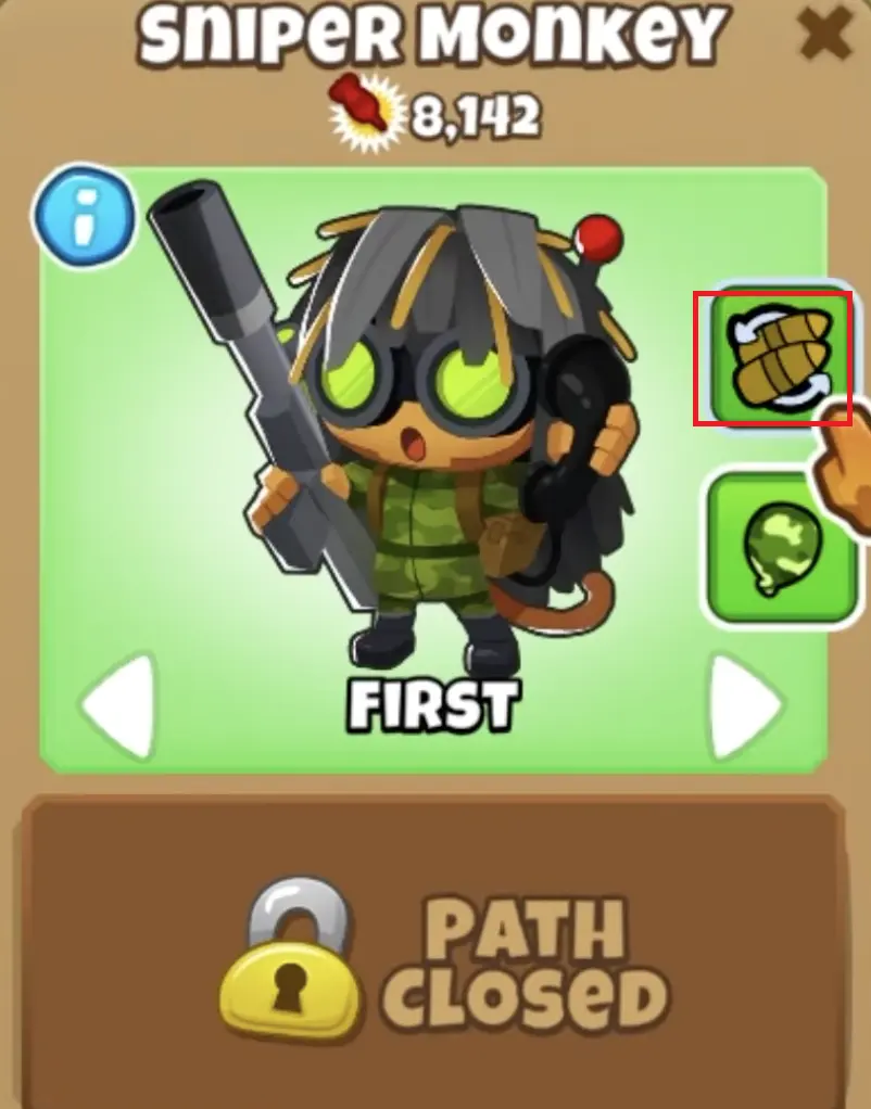 BTD6 Supply Drop Sniper ability interface showing the Ammo Swap control for Cash Drop and Ammo Drop
