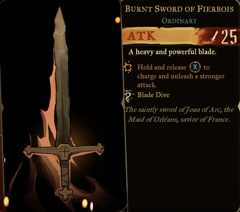 Burnt Sword of Fierbois weapon card showing ATK 25, its charged attack, and Blade Dive