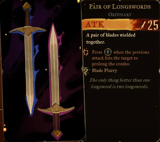 Pair of Longswords weapon card showing ATK 25, the combo extension input, and Blade Flurry