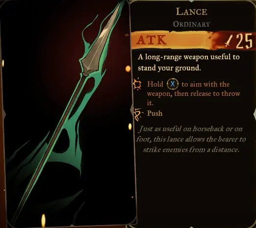 Lance weapon card showing ATK 25, aimed throwing controls, and Push