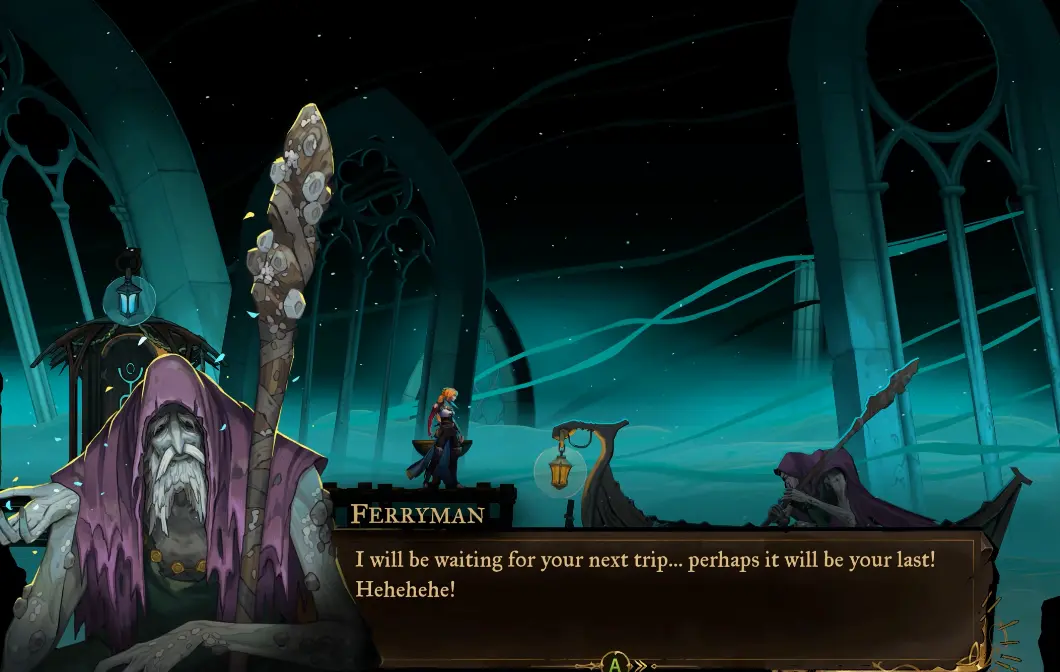 Rose speaking to the Ferryman at the underground crossing in Collapsed Path of Orpheus