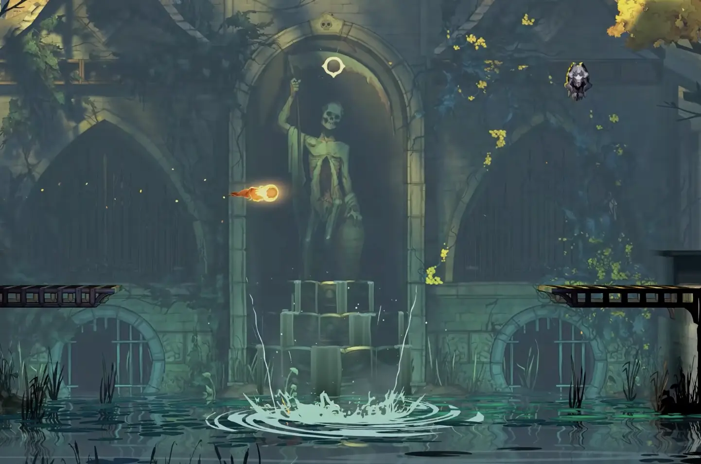 The Fountain of the Lost basin splashing as the teleporting shortcut activates
