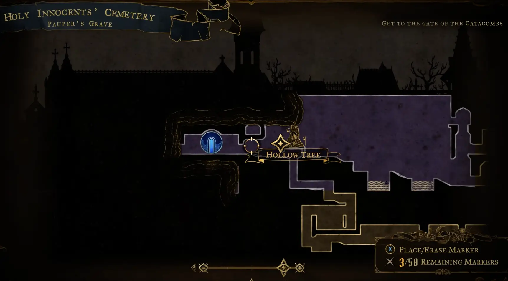 Pauper's Grave map showing the labeled Hollow Tree location near a short left-hand passage and blue doorway marker