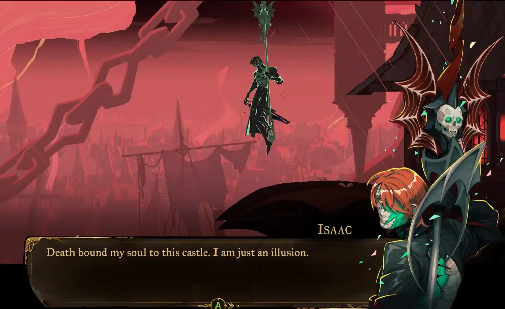 Isaac revealing that his first appearance was an illusion and his true body guards Dracula in the Clock Tower